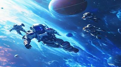撸视频欧美剧热播封面，科幻太空场景宇航员漂浮，蓝色星球背景震撼壮观